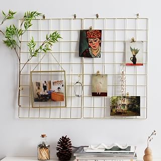 PEAUARL Gold Metal Mesh Wall Grid Panels (17.5" x 11.8", Pack of 2) - Rustproof Photo Display, Message Board & Organizer