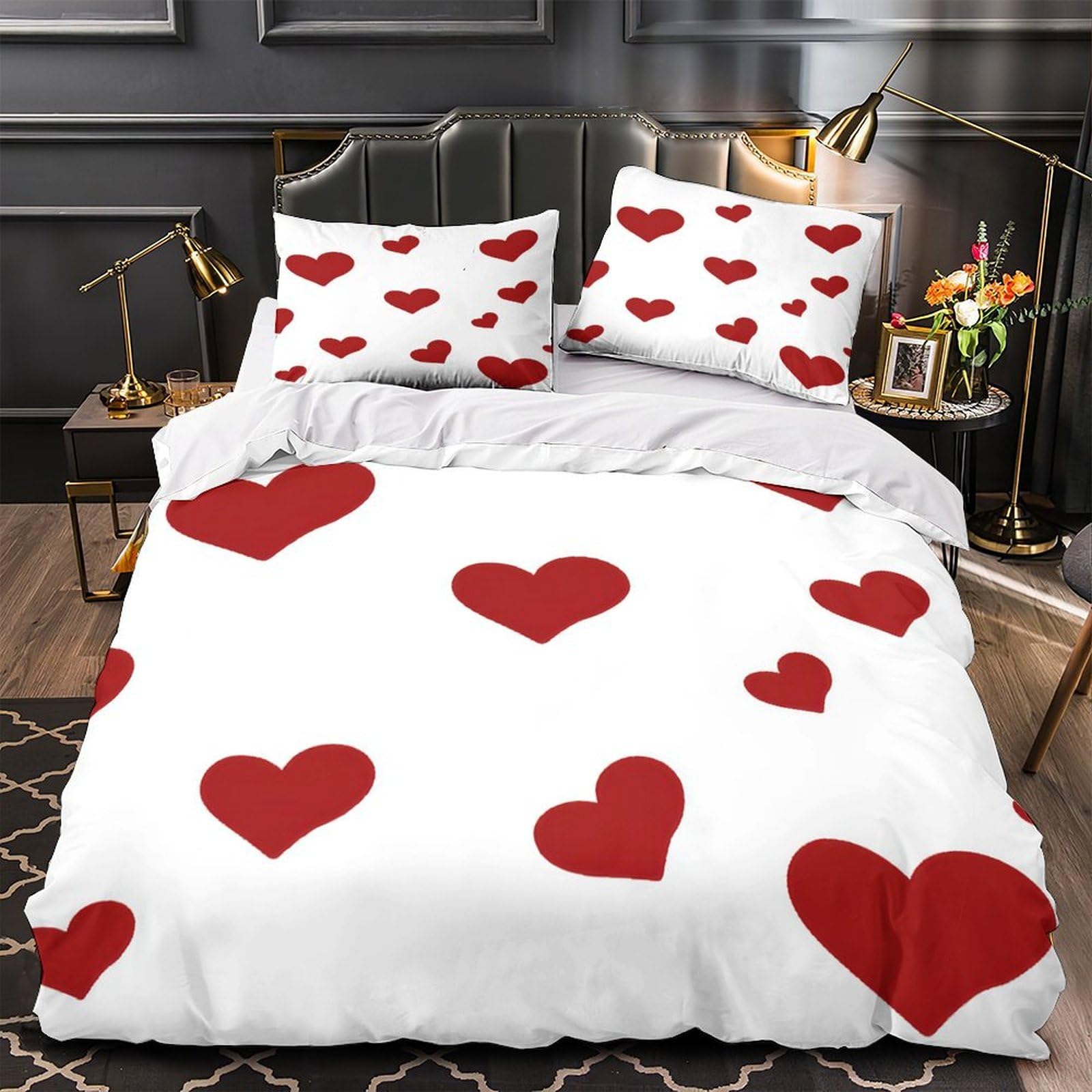 Housse de couette cœur 3D rouge romantique en microfibre douce pour lit simple 140x200