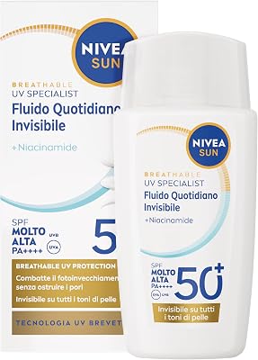 NIVEA SUN Fluido Quotidiano Invisibile SPF 50+ 40 ml, Crema viso SPF 50+ invisibile e opacizzante, Protezione solare viso ultra-leggera con Niacinamide, Non comedogenica, Tutti i tipi di pelle