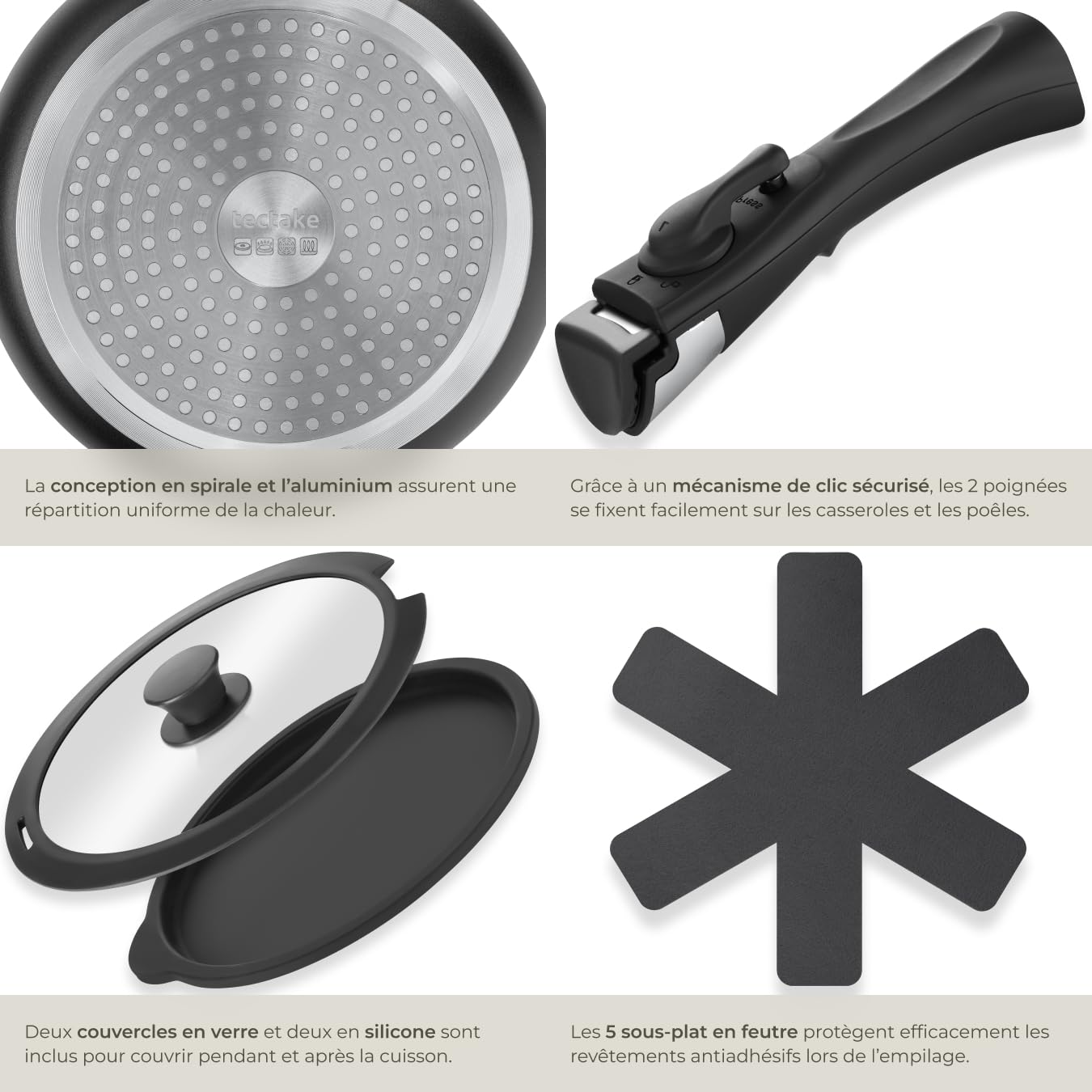 tectake® Batterie de cuisine 17 pcs, 2 Casseroles, 3 Poêles à frire, 1 Poele à griller, 4 couvercle casserole, 5 protège Casseroles Batterie de cuisine Induction, Cuisinère gaz, Vitrocéramique, Noir