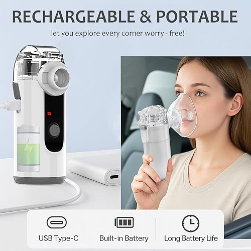 Miniatura 3 de Nebulizador de mano para sistema respiratorio, nebulizador portátil con modo de autolimpieza, nebulizador recargable para viajes de oficina en casa