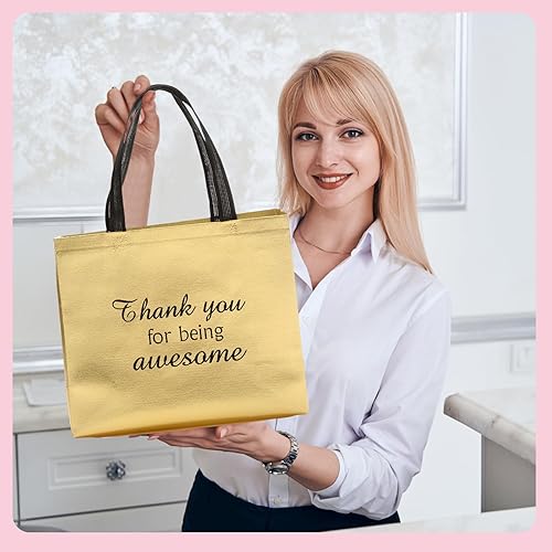 Miniatura 6 de Sweetude 24 bolsas de regalo de agradecimiento a granel con asas, reutilizables, no tejidas, doradas, plegables, para cumpleaños, baby shows,