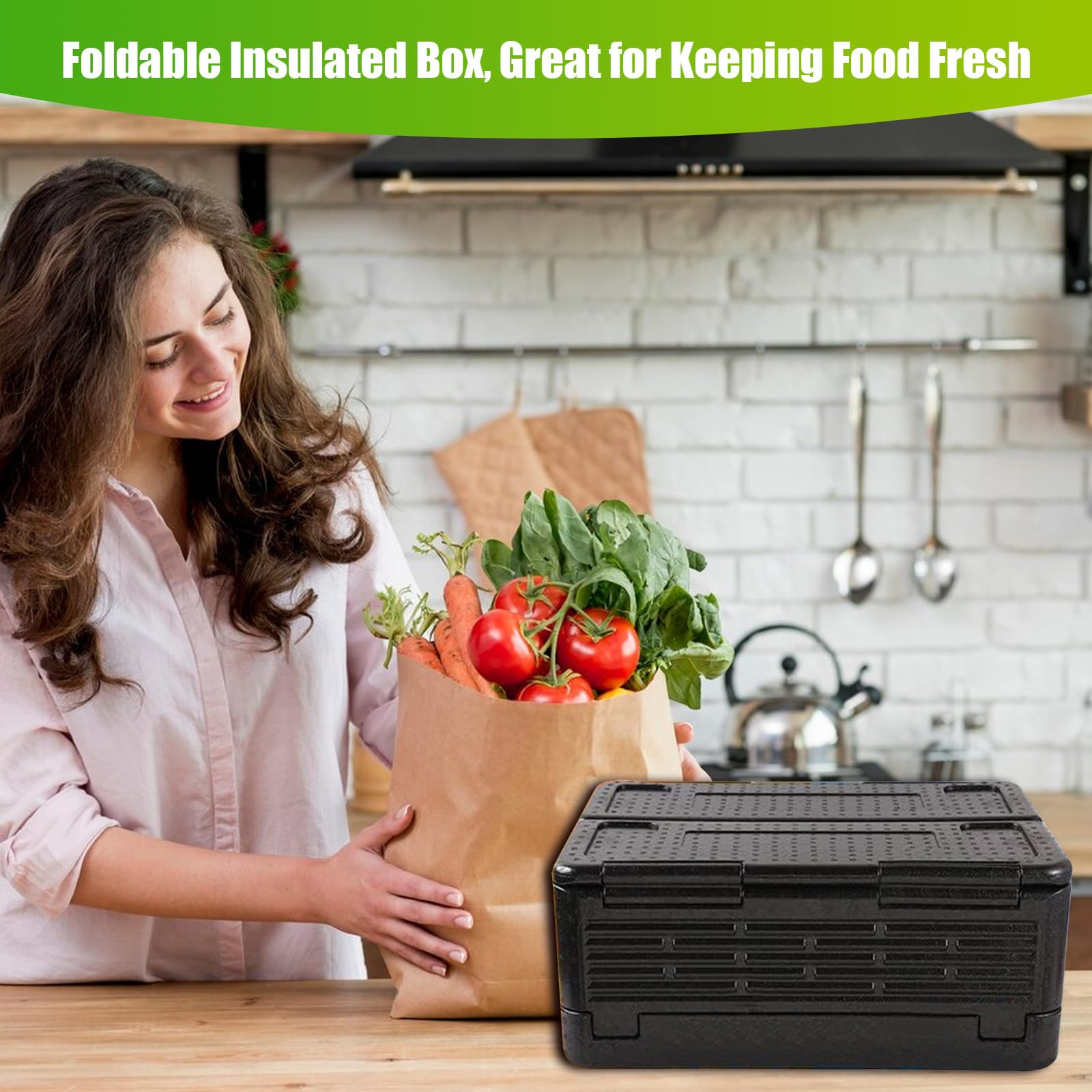Scatola termica pieghevole da 40 l, in polistirolo, 60 x 41 x 25 cm, per cibo con coperchio integrato, multifunzionale, per campeggio, picnic, cibo e trasporto (nero)