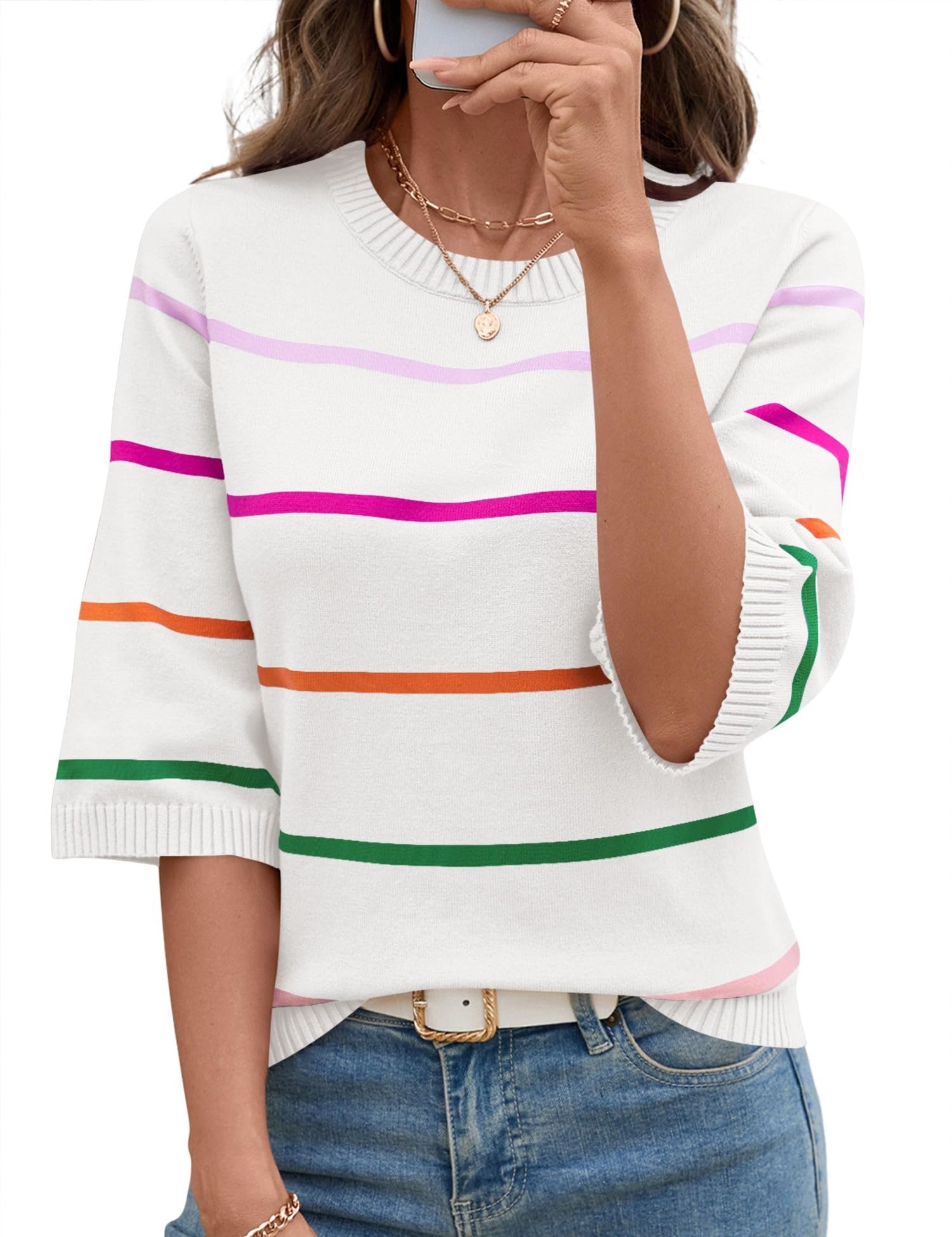 LOMON Womens Sweaters Casual Fall 2025 Crew Neck Striped 3 4 Sleeve Lightweight Knit Trendy Pullover Sweater Tops