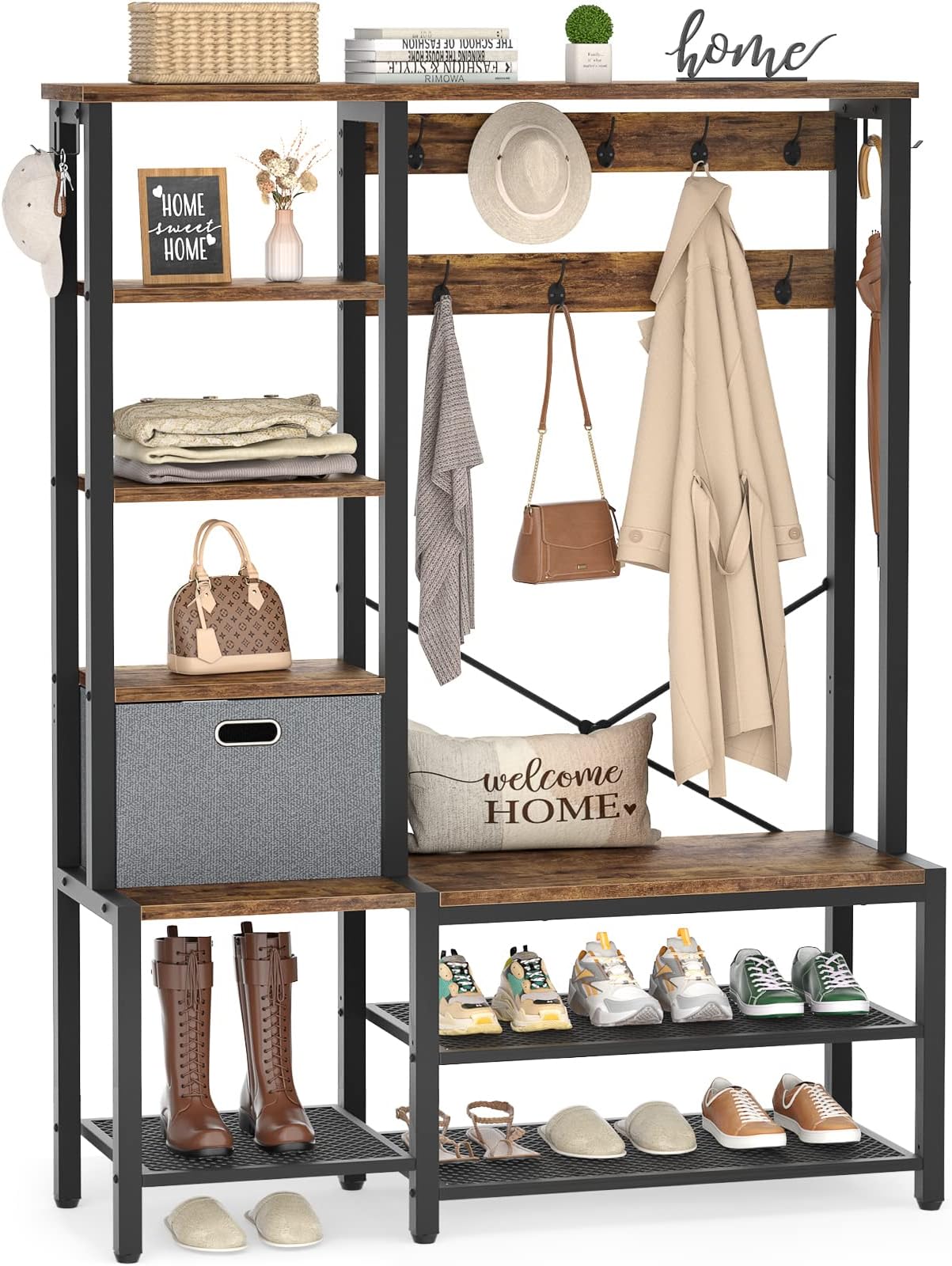 Aheaplus Hall Tree with Storage Bench, Coat Rack, 5-Tier Shelves, Fabric Storage Basket, Side hooks, 71’’ Industrial 5 in 1 Large Organizer, Wood Look Accent Furniture-Sturdy Metal Frame, Rustic Brown