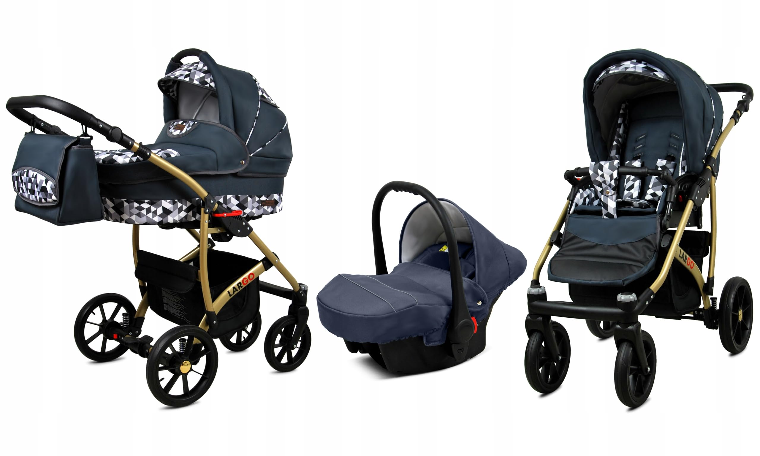 BabyLux Zestaw wózków dziecięcych 3 w 1 – Largo – w zestawie wanienka dla niemowląt, fotelik sportowy, fotelik samochodowy – zestaw wózków dziecięcych z torbą do przewijania, osłoną przeciwdeszczową