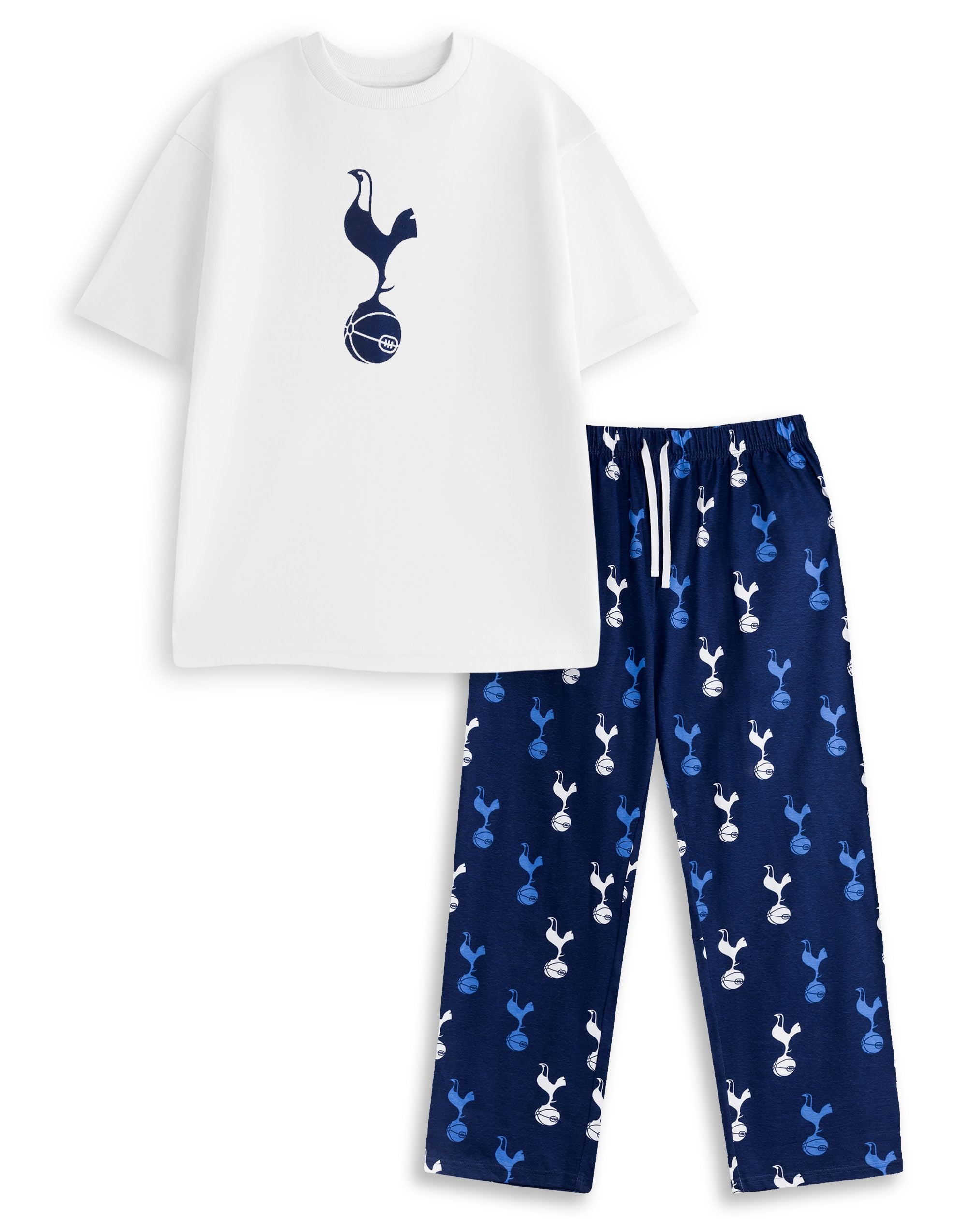 Tottenham Hotspur Mens White Short Sleeve Long Leg Pyjama Set | Classic Sleepwear with Logo in Navy Blue | Sports Nightwear for Comfortable Sleeping Merch - Large