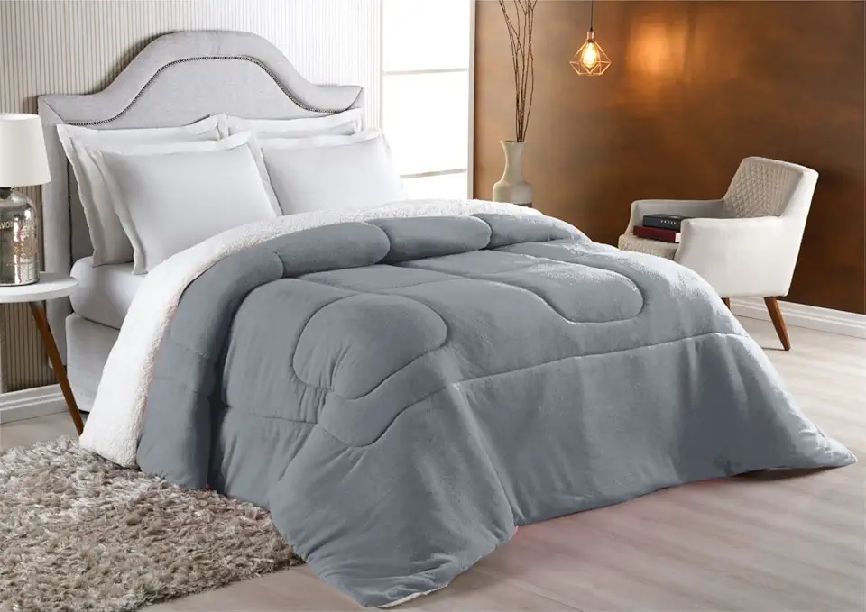 Edredom Sherpa Cobertor Coberdrom Casal Queen Pele Carneiro (Cinza)