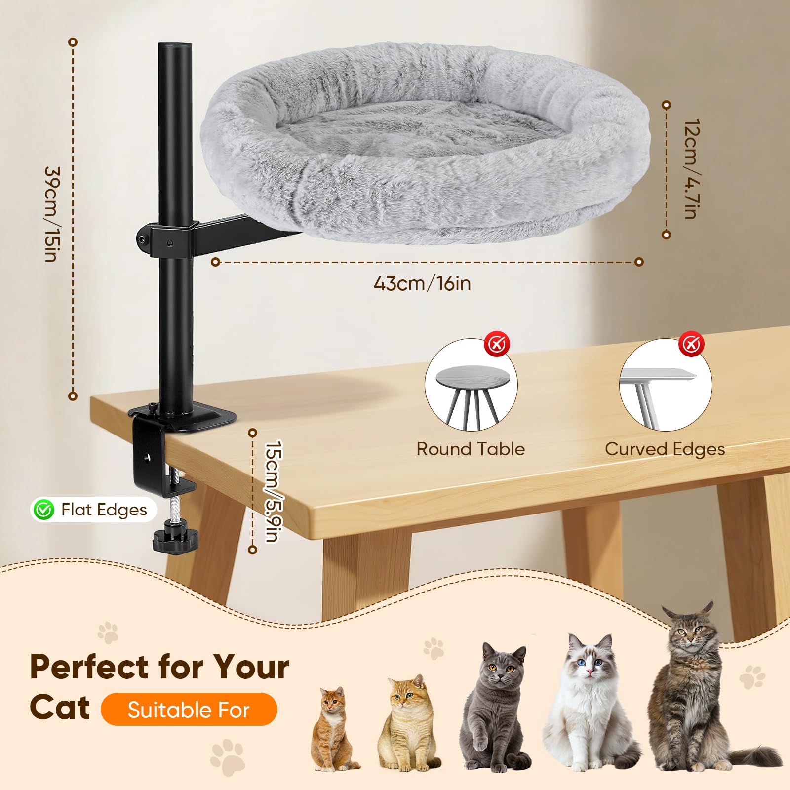 Lit bureau pour chat, Hamac chat pivotant à 360° et réglable en hauteur