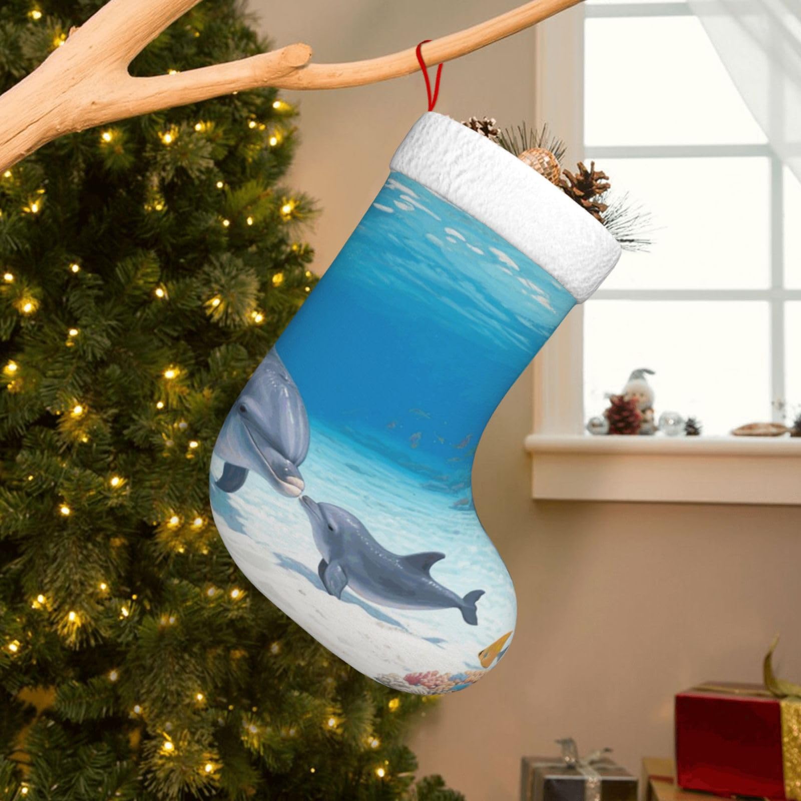 Velvet Christmas Stockings 17.7 Inch, Dolphin Xmas Stocking with Soft Cuff,Classic Personalized Christmas Tree Decoration for Family Holiday New Year Party Supplies