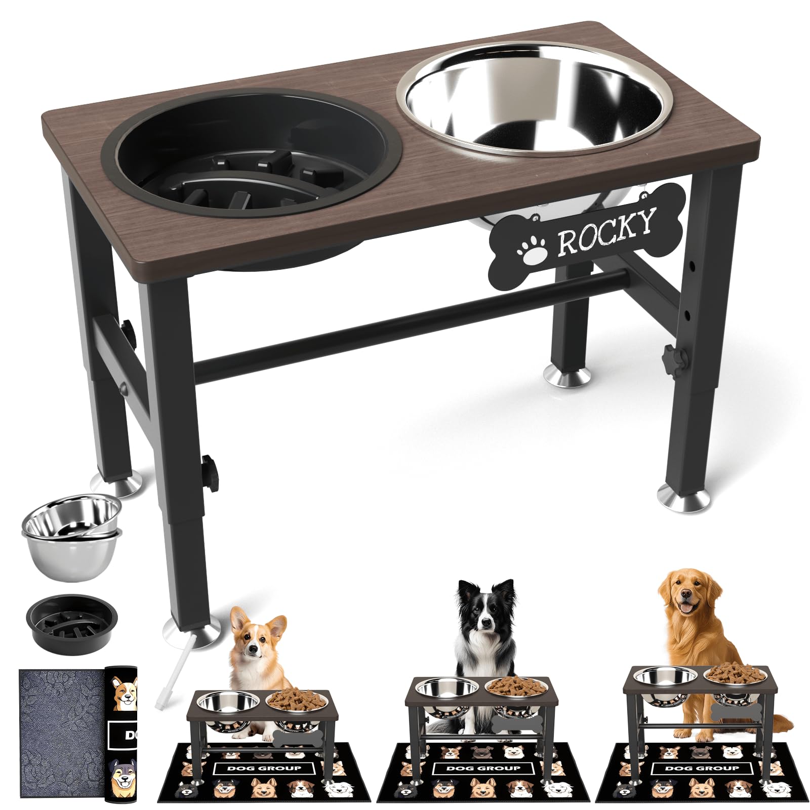 SHAINFUN Elevated Dog Bowls with Slow Feeder & Mat for Medium Large Dogs, Adjustable Height, Raised Dog Bowl Stand with 2 Stainless Steel 58oz Bowls,