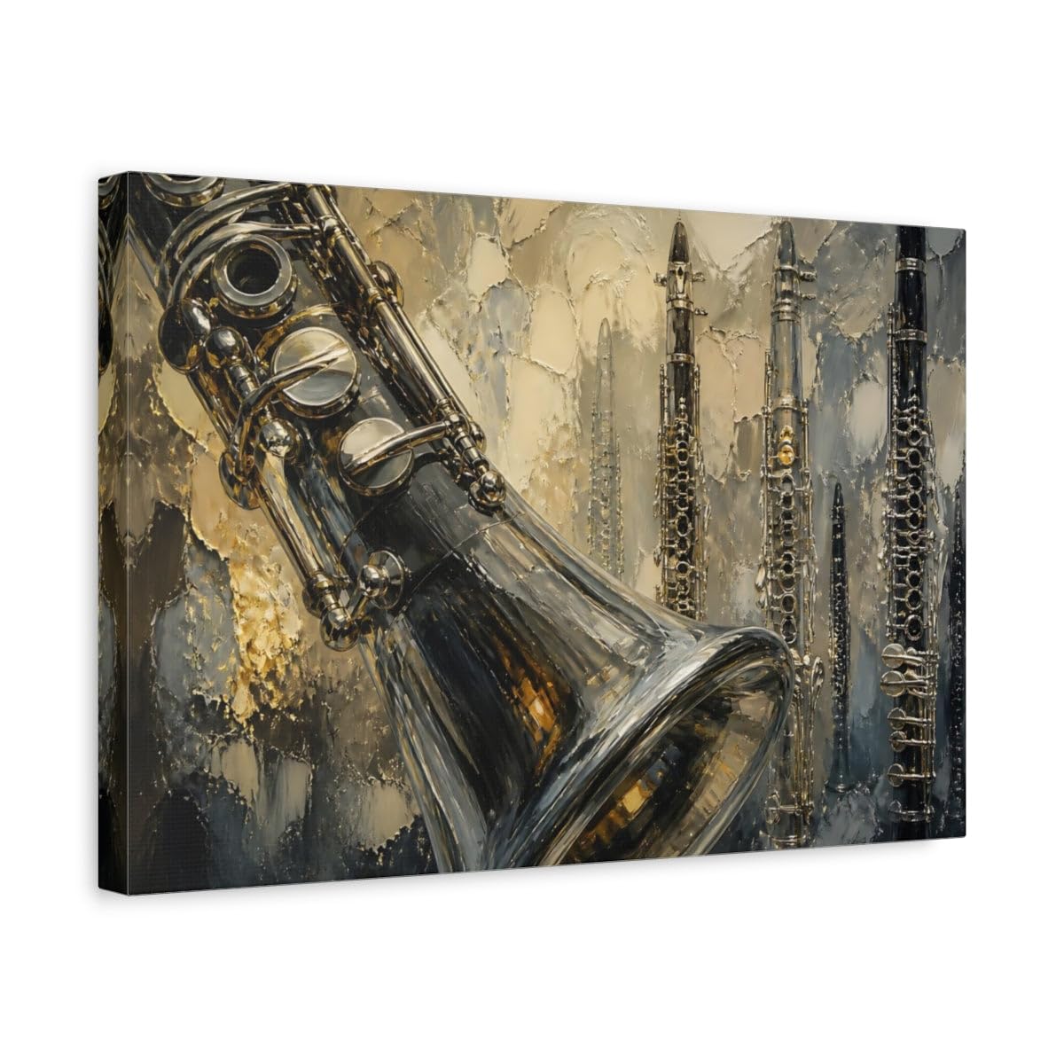 Metallic Clarinet Ensemble Canvas Print – Living Room, Above Fireplace, Gold And Silver 18×12 inch (45×30 cm) - Horizontal / 1.25 inch (3 cm)