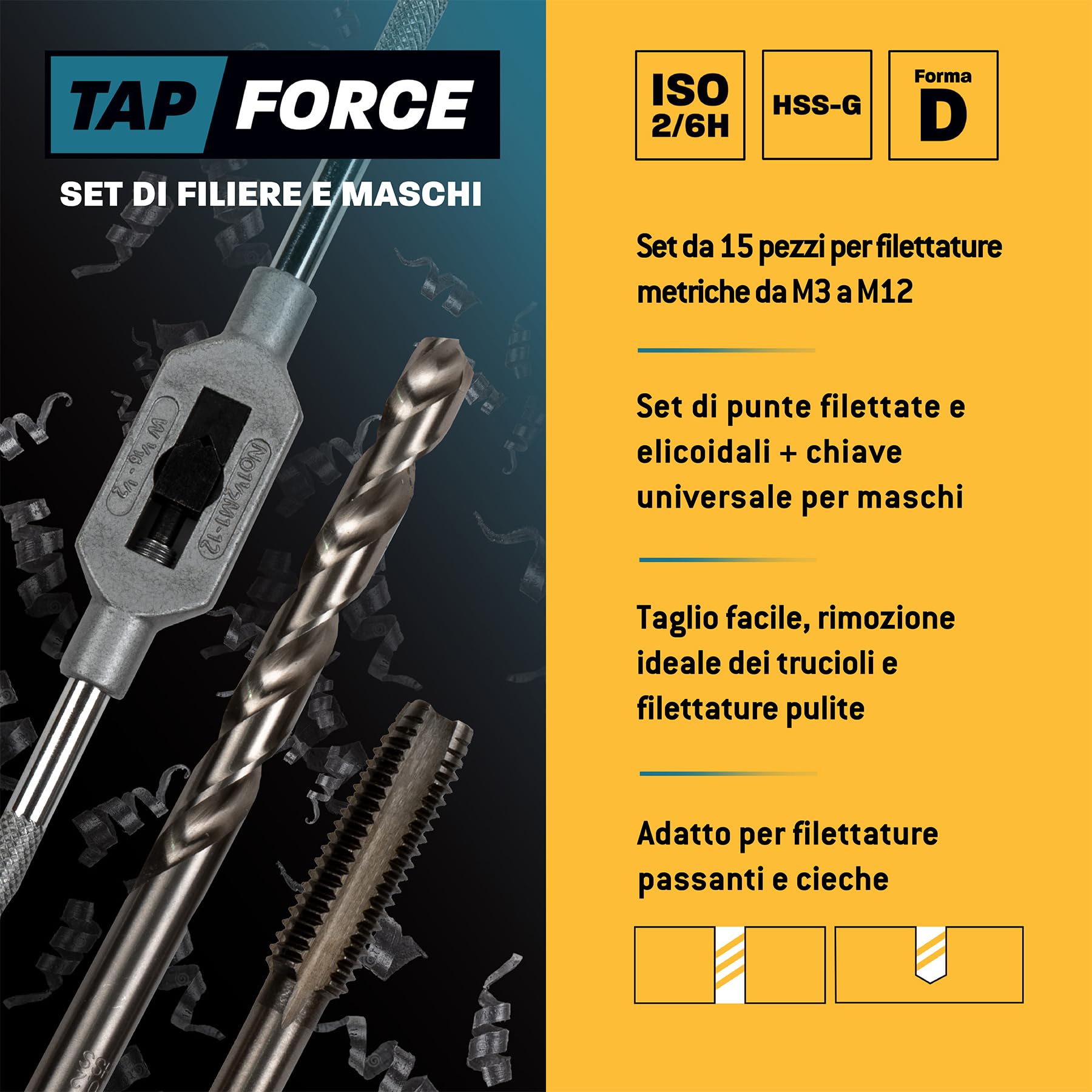 Set di maschietti metrici, M3 – M12, 15 pezzi, HSS-G/binario/incudine Tap Force/filettatura, set di filettatura, set di maschi, M3 & M4 & M5 & M6 & M8 & M10 & M12