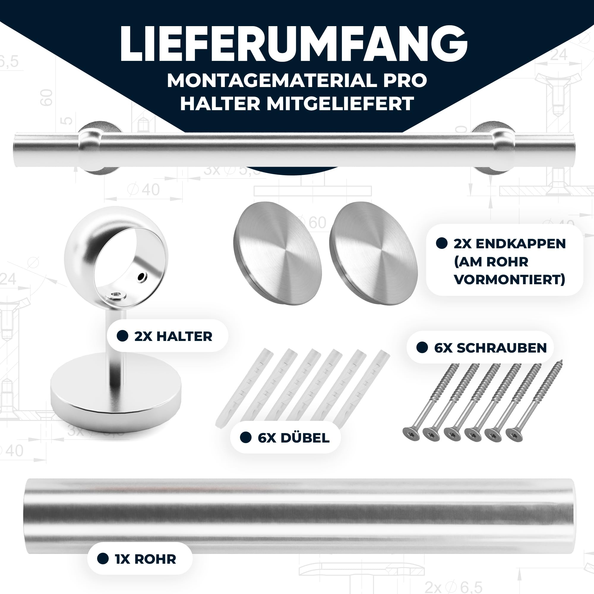 Handlauf Edelstahl Ø 42,4 mm, Markenhandläufe, für Außen- & Innenbereich, Wandhandlauf Brüstung Geländer, 4 verschiedene Varianten