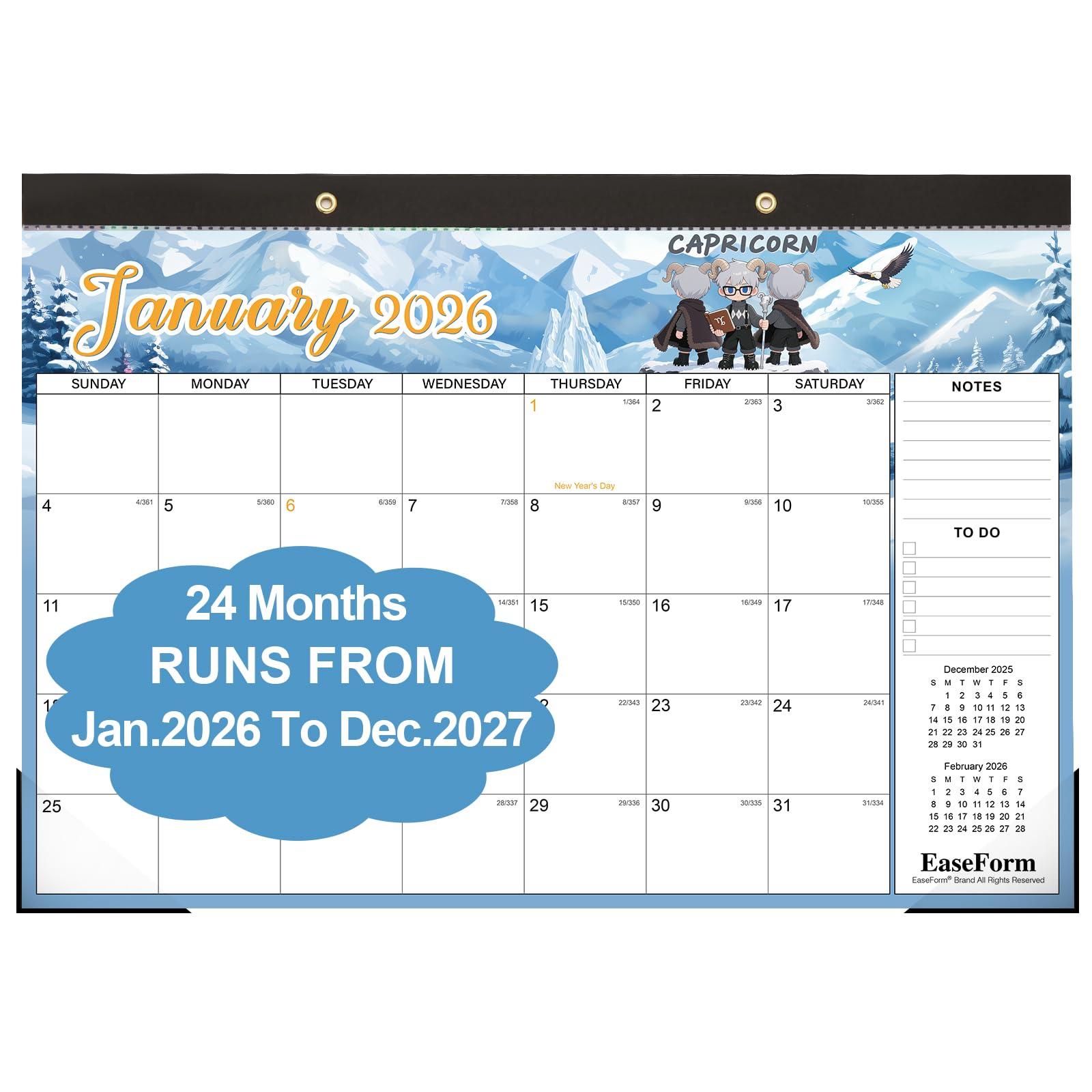 24-Monats-Schreibtischkalender 2026–2027, großer 43,2 x 30,5 cm Desktop/Wand-Monatskalender von Januar 2026 bis Dez. 2027, 2-Jahres-Kalender mit Notizen und To-Do, für Zuhause, Schule oder