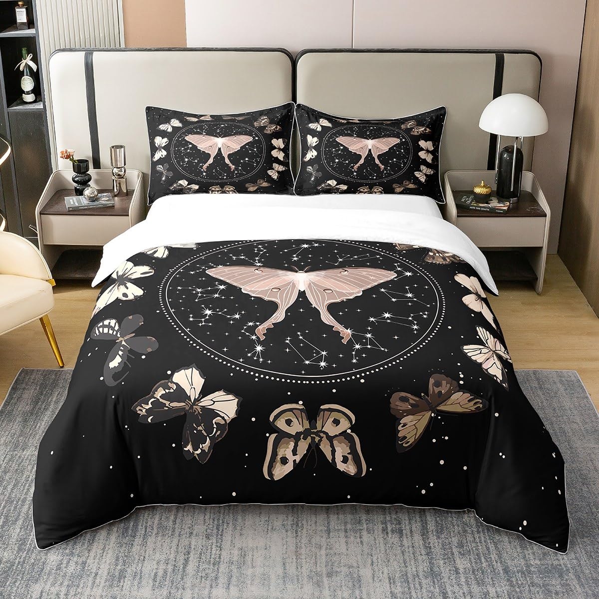 Schmetterling 100% Baumwolle Bettbezug Vintage Moth Bettwäsche Set 155x220 Raum Galaxy Tröster Bezug für Mädchen Teens,Himmlische Sterne Konstellationen Bett-Sets mit 1 Kissenbezug Schlafzimmer Dekor