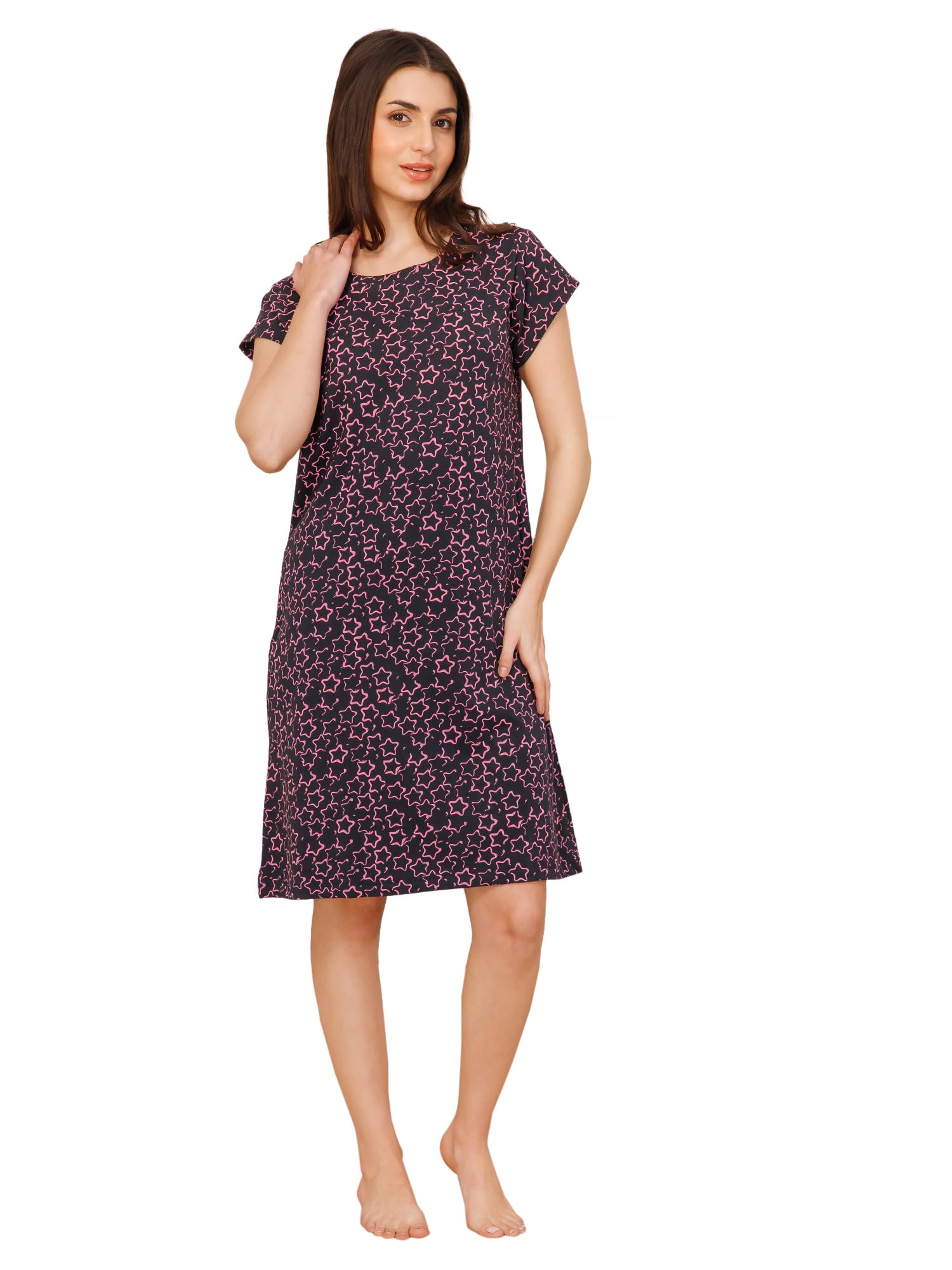 Mushy Mod Women's Cotton Star Print Knee Length Night Dress/Night Gown/Short Nighty - MM-3001