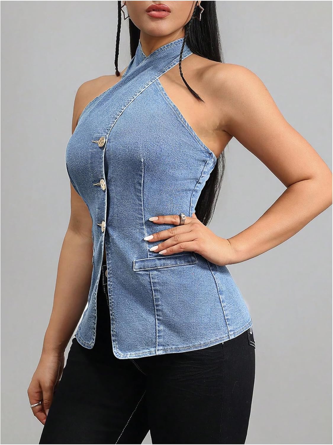 Milumia Women Criss Cross Tie Front Denim Vest Button Front Sleeveless Halter Tops - Image 2