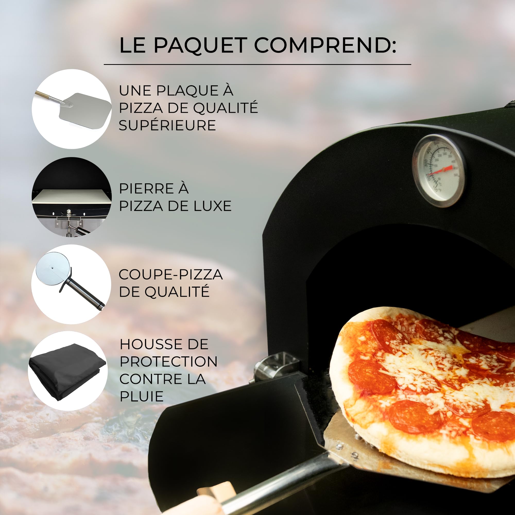 Four Extérieur pour Pizza ⌀ 30cm au Charbon de Bois - Four de Jardin 156cm x 64cm x 43cm Noir Acier - Barbecue Grilloir avec Pelle, Roulette, Pierre à Pizza & Housse