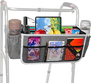Shouken Basket For Walker With Water Cup Holder,Walker Accessories,Walker Basket,Foldable Walker Storage Bag Big Capacity,Side Walker Bag,For Walker Gray