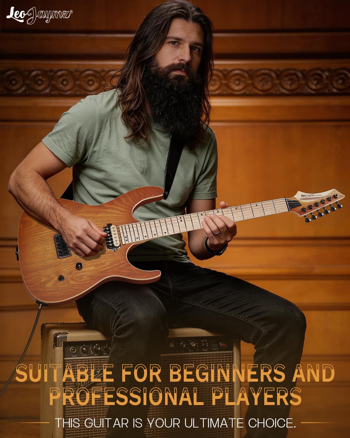 Leo Jaymz Monsoon Series 24-Fret Electric Guitar with Mahogany Body, Walnut/Maple Neck, Stainless Steel Frets, Dual Humbuckers, 3-Way Toggle Switch,Bald Shredder Special Edition (Honey Sunburst Ash)