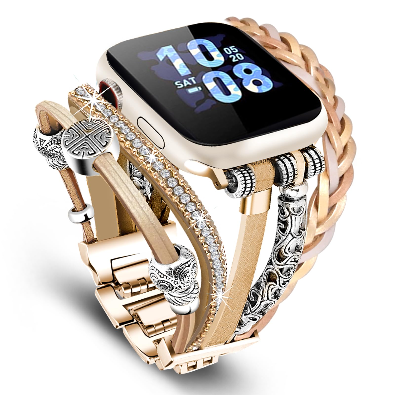 beu1st Compatible With Apple Watch 44mm Women, Boho Bracelets for Apple Watch Band 46mm 45mm 49mm, Jewelry Multilayer Wrap Leather Strap for iWatch