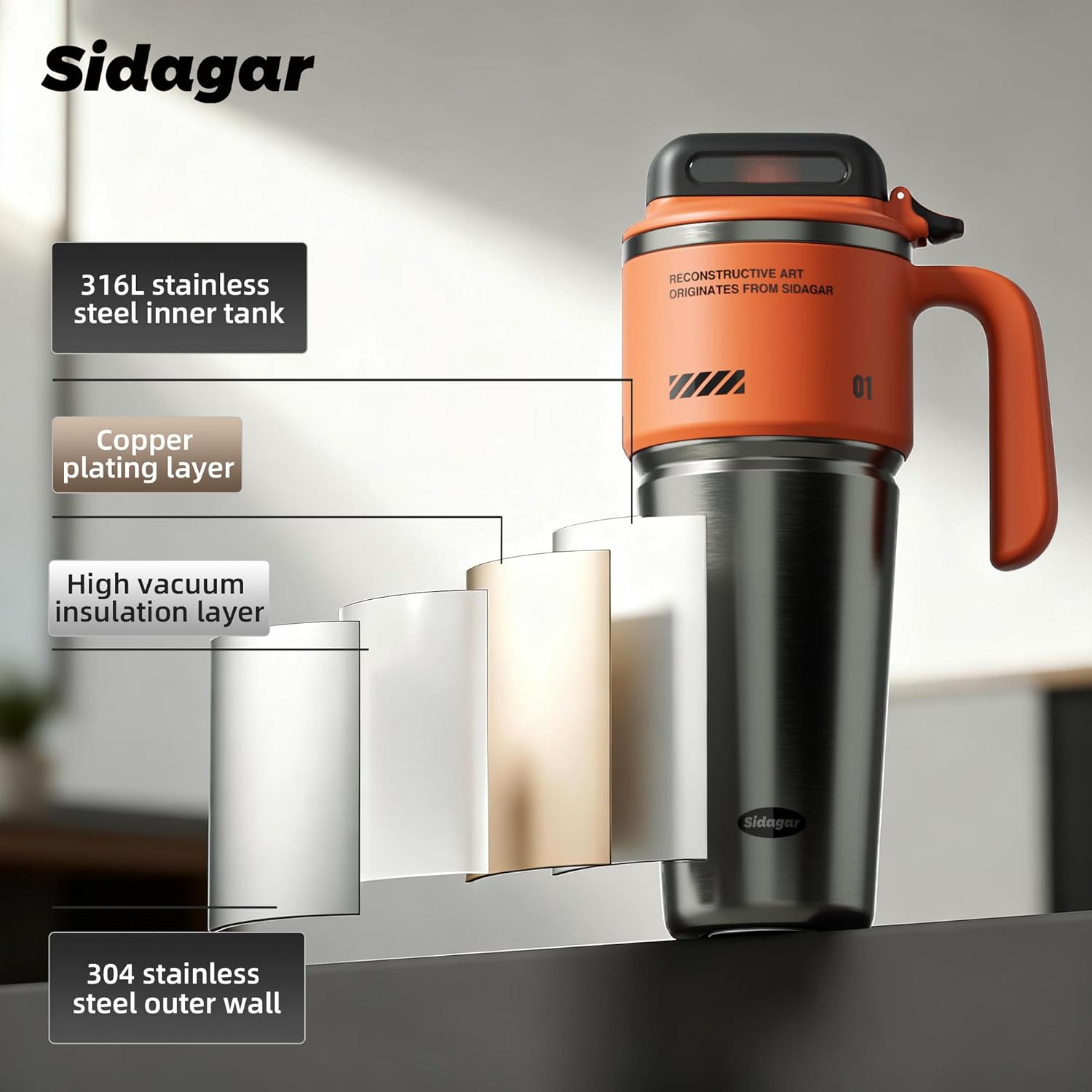 32 oz Stainless Steel Insulated Water Bottle with Handle for Men, Sports Tumbler with Lid, Push-button Leak-proof Travel Cup, Gaming Desk Hydration, Fits in Car Cup Holder - Dynamic Orange - Image 8