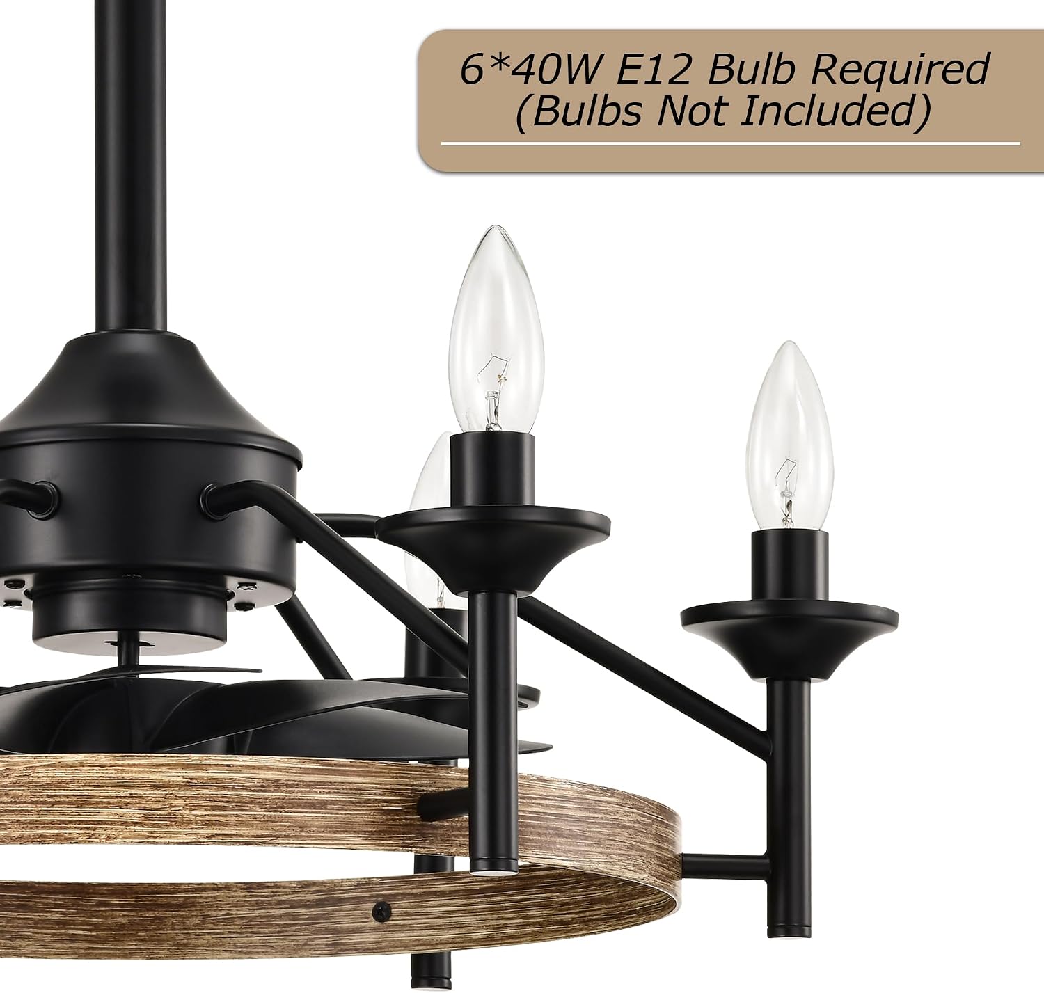 Maxax 21” Ceiling Fan with Lights and Remote, Modern Farmhouse Fan Light for Living Room,Caged Ceiling Fan with Light, Black Wood Grain Rustic Chandelier Candles, Reversible (Bulbs Not Included)