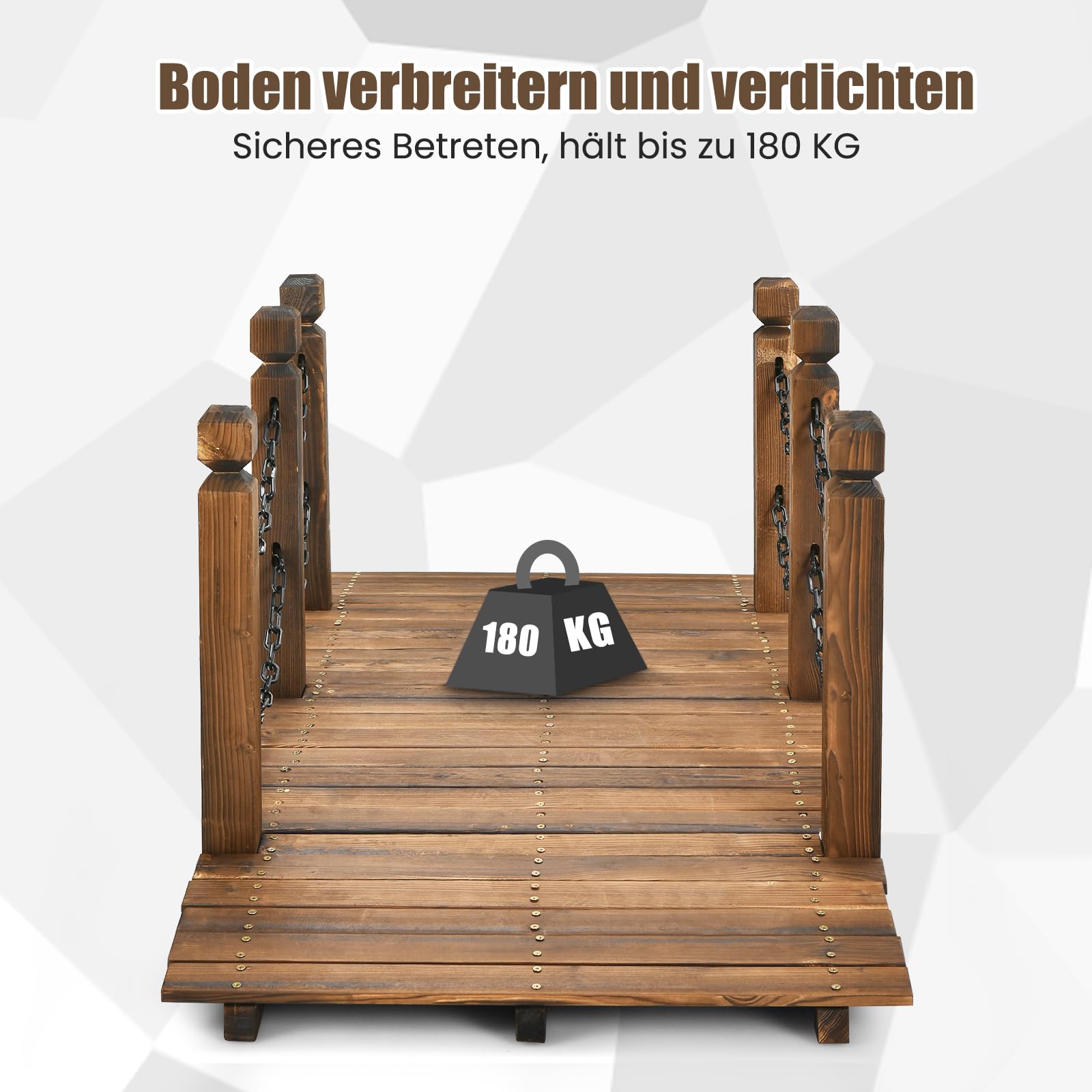 GOPLUS Puente de madera de abeto, 150 x 67 cm x 55 cm, puente para estanque soporta hasta 180 kg, puente de jardín con barandillas y cadenas, puente para jardín, parque, patio trasero