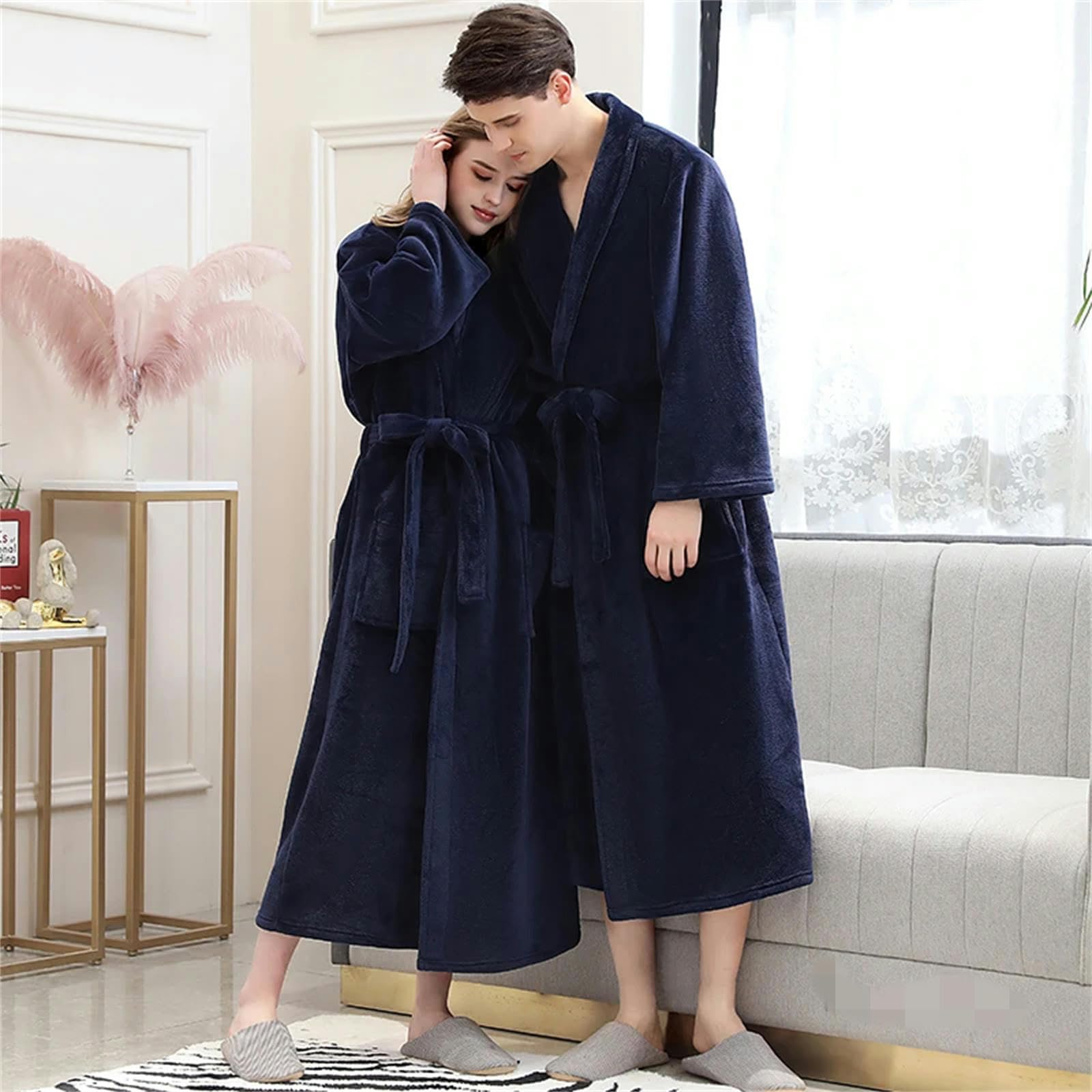 MdybF Szlafrok męski i damski zimowy bardzo długi ciepły flanelowy szlafrok plus size koralowy polarowy szlafrok kąpielowy-L-z, Z, L