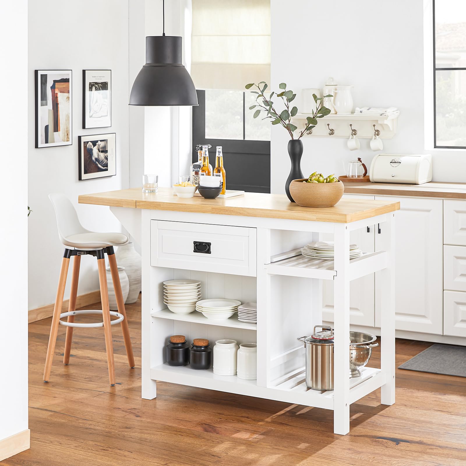 SoBuy KNL06-WN Kücheninsel mit erweiterbarer Arbeitsfläche freistehend Küchenschrank Highborad Kommode Sideboard Bartisch Esstisch Buffet Weiß-Natur BHT ca. 110-145x95x60cm