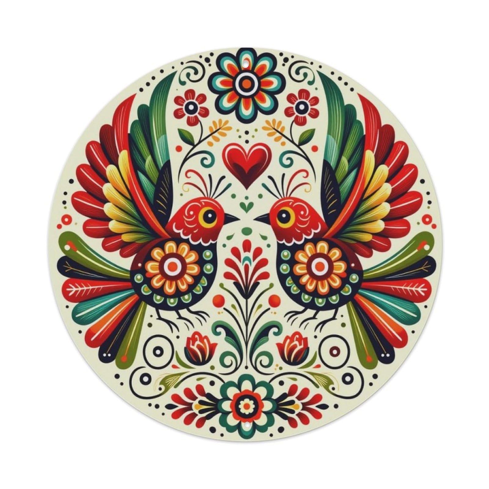 Nordic Folk Art Symmetric Birds Floral Round Sign Vintage Aluminium Metal Sign, Retro Wall Decor for Home, Bar, Garage & Farmhouse 20x20cm