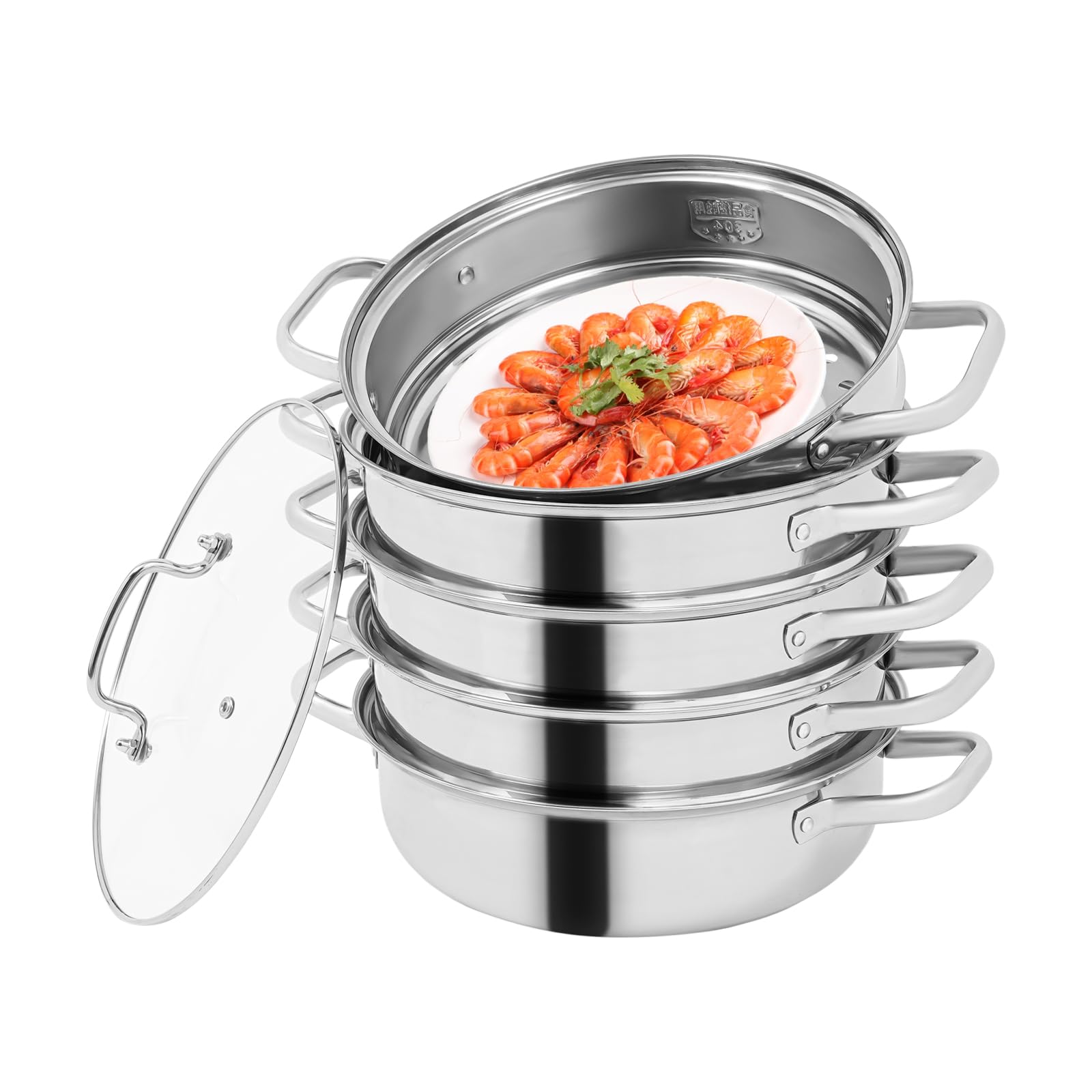 Fornello a vapore a 5 ripiani, pentola a vapore in acciaio inox con coperchio in vetro, pentola a pressione, per fornelli a gas, a induzione, fornelli elettrici (argento 28 cm)