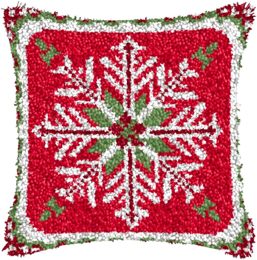Acnyddlw Christmas Latch Hook Kit DIY Throw Pillow Cover - 16.9x16.9 Inch, Cartoon Deer Design, Includes Yarn & Tools
