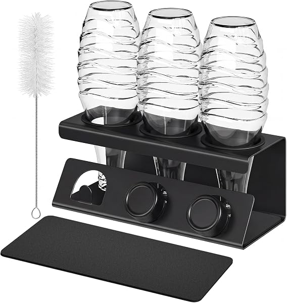 SONGMICS Flaschenhalter, Abtropfgestell Flaschen, Stahl, Flaschen Abtropfständer, mit absorbierenden Abtropfmatten, Flaschenbürste, Küche, tintenschwarz, für 3 Flaschen KCS557BH01 - 1