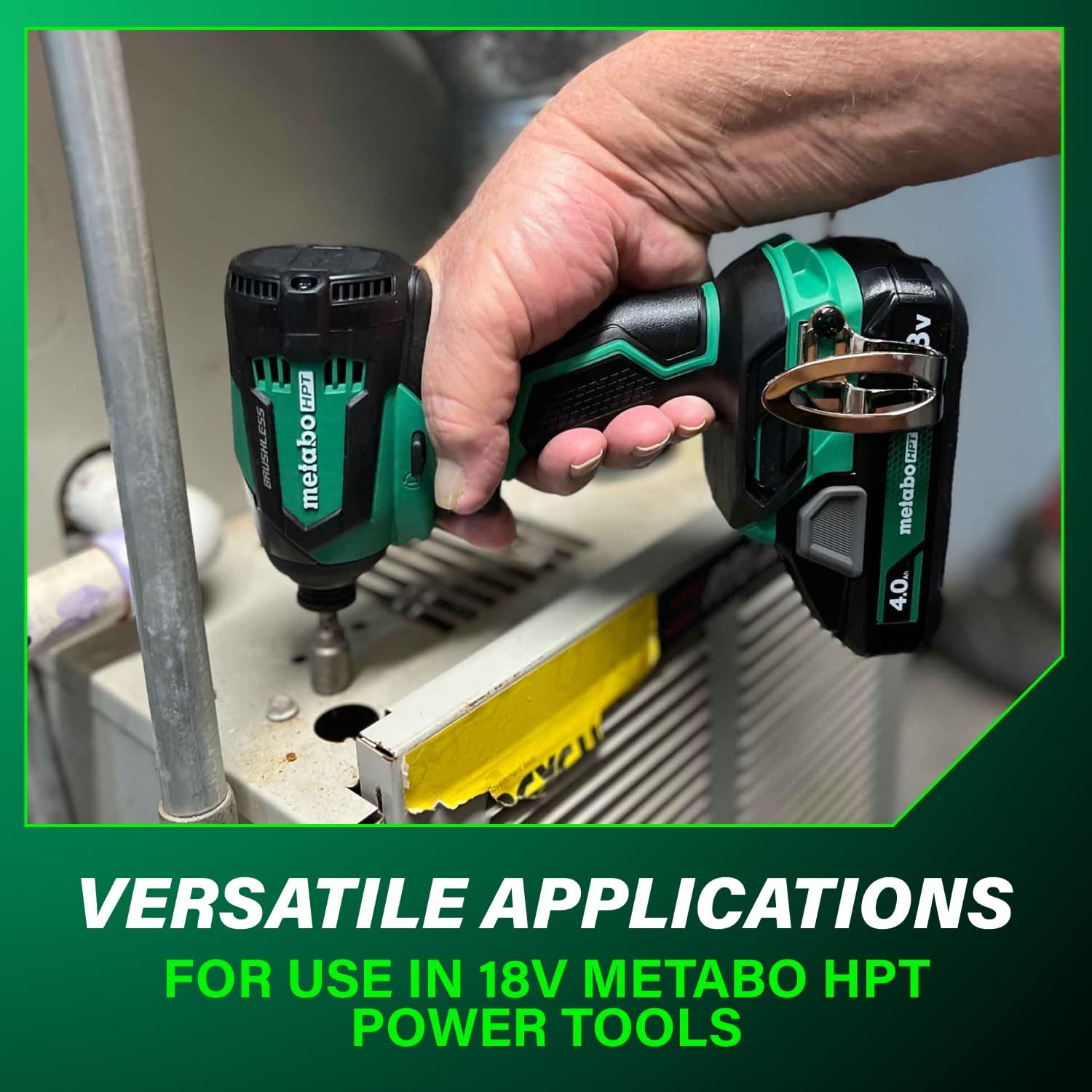 Metabo HPT 18V 4.0Ah battery powering a tool in use, demonstrating versatile applications