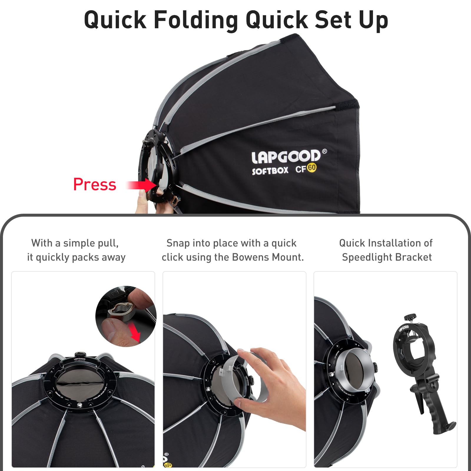 Bowens Mount Softbox 80CM Handheld Quick Set-up, S-Type Bracket Kompatibel mit Godox Canon Sony Fuji YongNuo Flash AD200PRO V1 TT600 V860III 430EXIII SB500 YN320EX YN560