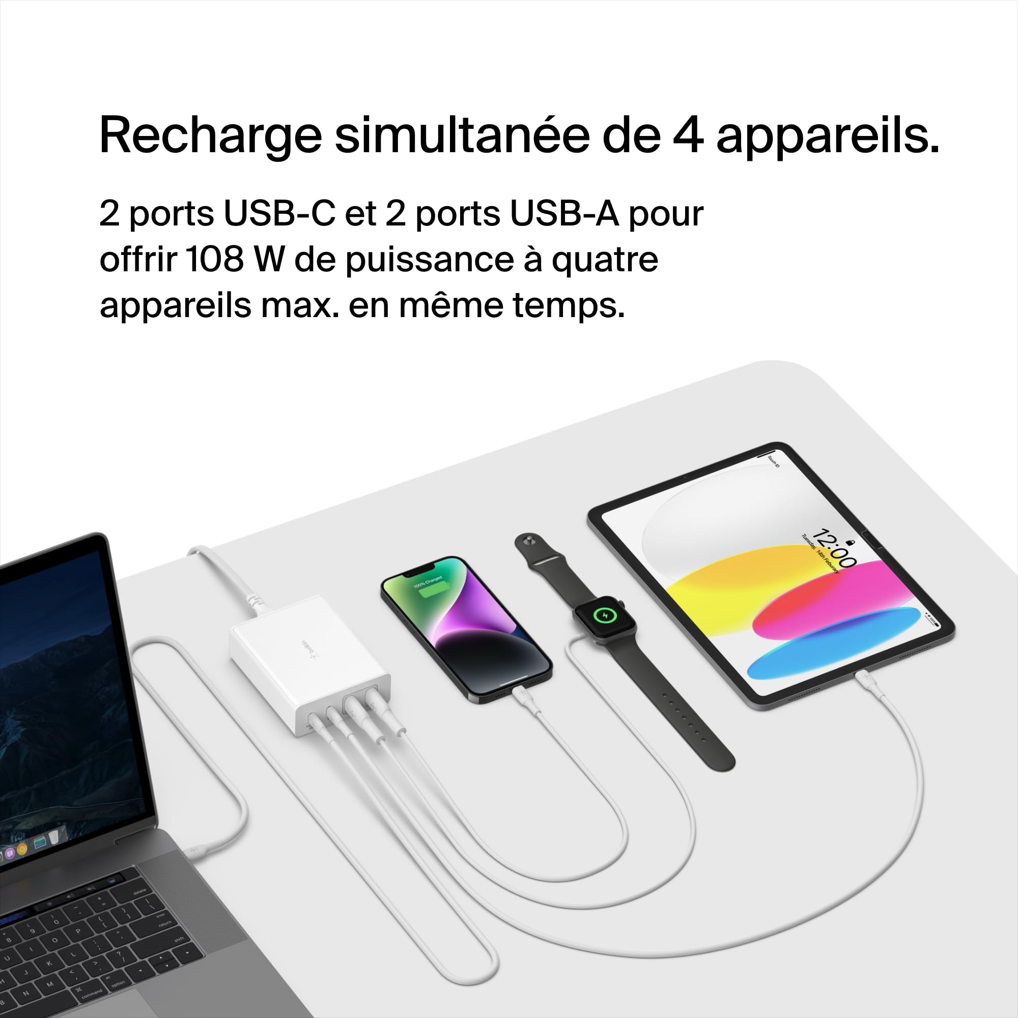 Belkin Chargeur USB GaN (108 W) pour plusieurs appareils, 2 ports USB-C et 2 ports USB-A, station de recharge rapide pour MacBook, Pro, Air, iPhone, iPad Pro, Air, Galaxy, Pixel, Apple Watch, etc.
