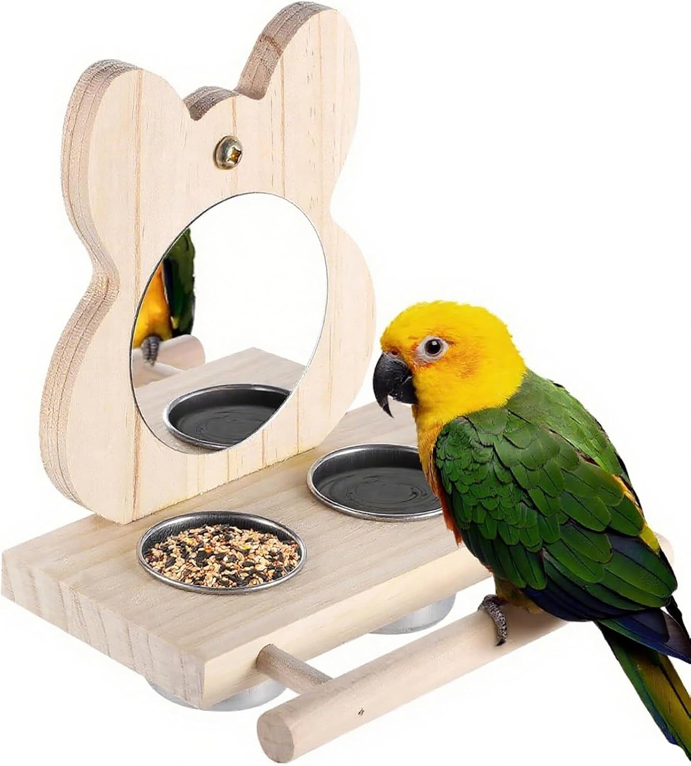 Bird Feeder with Stainless Steel Dish, Natural Wood Perches & Mirror - Easy Clean/Refill for Cockatiels, Lovebirds, Canaries, Finches, Budgies & Small/Medium Birds - Parrot Cage Accessories