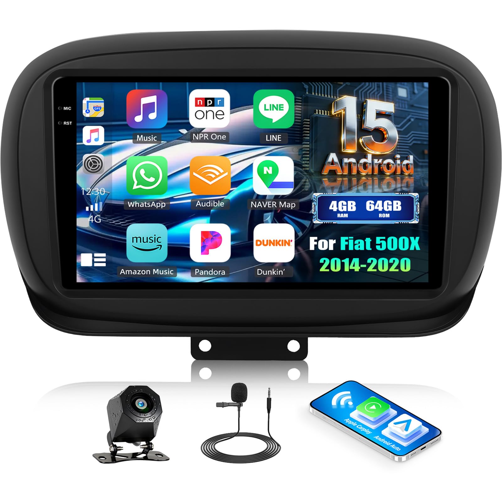 CAMECHO 4+64G 9 Pollici Autoradio per Fiat 500X 2014-2020 Android 15 Radio GPS con WIFI Bluetooth Wireless Carplay Android Auto FM RDS Mirror Link, touchscreen HD Incell + Telecamera Posteriore