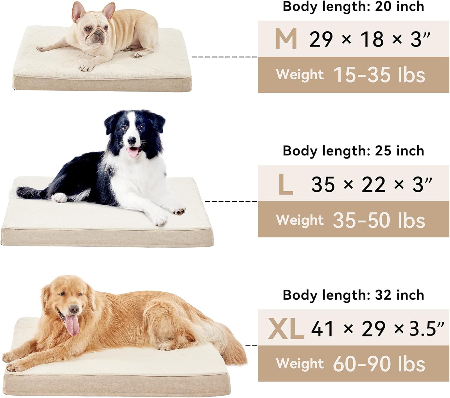 Memory Foam Large Dog Bed, Cooling Dog Beds for Large Dogs, Washable Orthopedic Pet Bed for Crate with Joint Relief Memory Foam, Waterproof Liner and Plush Cover (35"x 22", Beige)