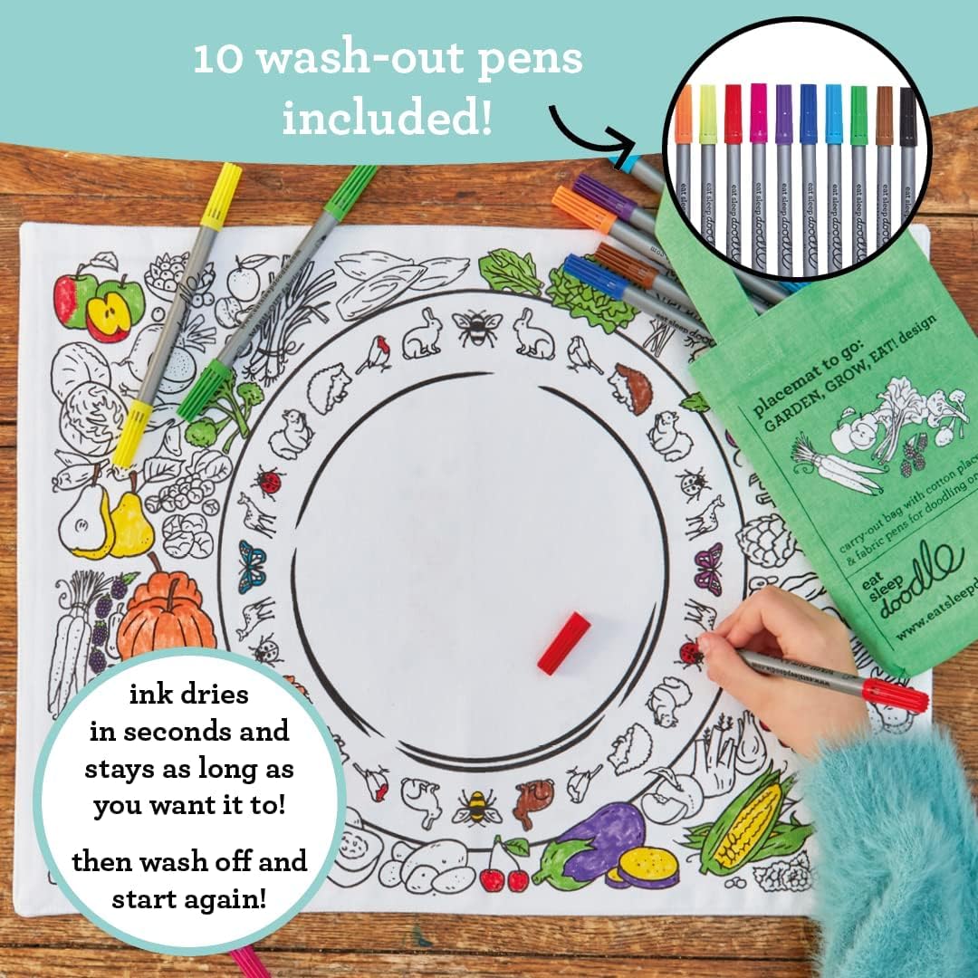 eatsleepdoodle Fruit and Vegetable placemat in its own Cotton Bag to Color-in Features a Fun, Educational Coloring Placemat, Washable Felt tip Fabric Markers Included