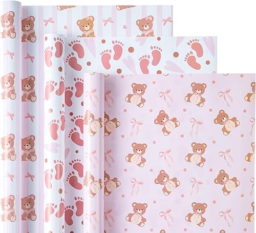 Miniatura 2 de WRAPAHOLIC Papel de regalo de oso para baby shower, mini rollo, 3 rollos, 17 x 120 pulgadas, oso de peluche coqueta con lazo de cinta rosa para baby