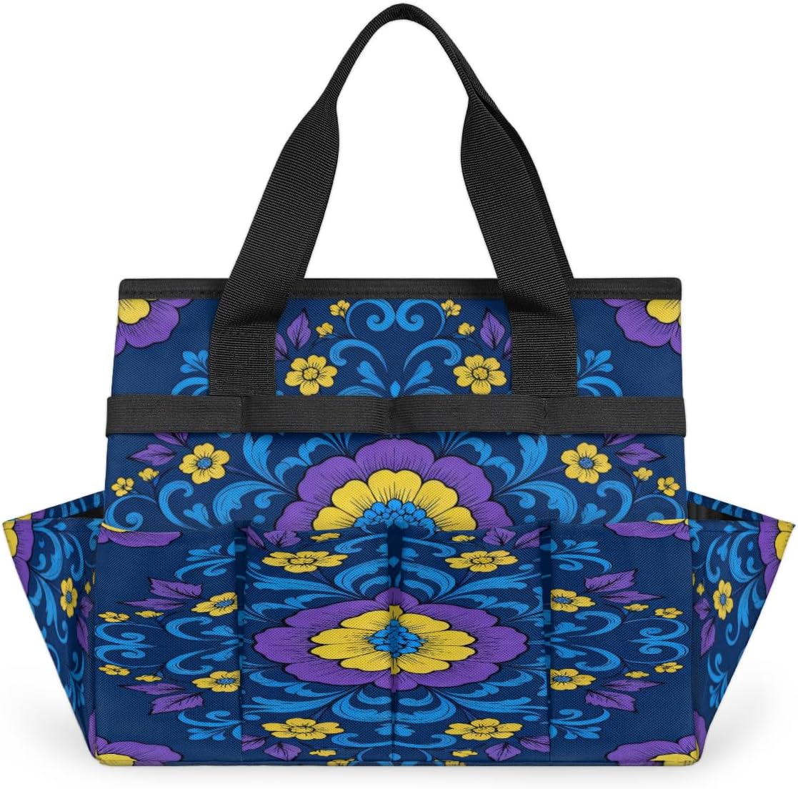 Basket purple floral pattern Garden Tool Bag, Heavy Duty Gardening Tote Bag with 10 Pockets,Standable Garden Home Tool Kits Organizer,Gardening bag for women Men Indoor and Outdoor Gardening.
