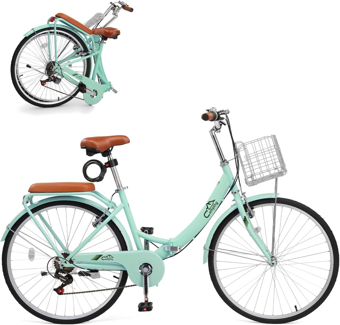 24/26 Inch Foldable Bike Folding Bicycle, 7 Speed Beach Cruiser Bike with Lock, Comfort Back Seat, Foldable Basket & Ergonomic Upright Frame, Cruiser Bicycle for Adults