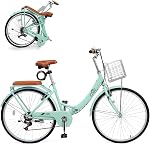 CamPingSurvivals 24/26 Inch Foldable Bike Folding Bicycle, 7 Speed Beach Cruiser Bike with Lock, Comfort Back Seat, Foldable Basket & Ergonomic Upright Frame, Cruiser Bicycle for Adults