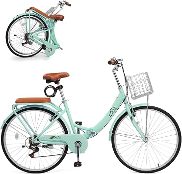 CamPingSurvivals 24/26 Inch Foldable Bike Folding Bicycle, 7 Speed Beach Cruiser Bike with Lock, Comfort Back Seat, Foldable Basket & Ergonomic Upright Frame, Cruiser Bicycle for Adults