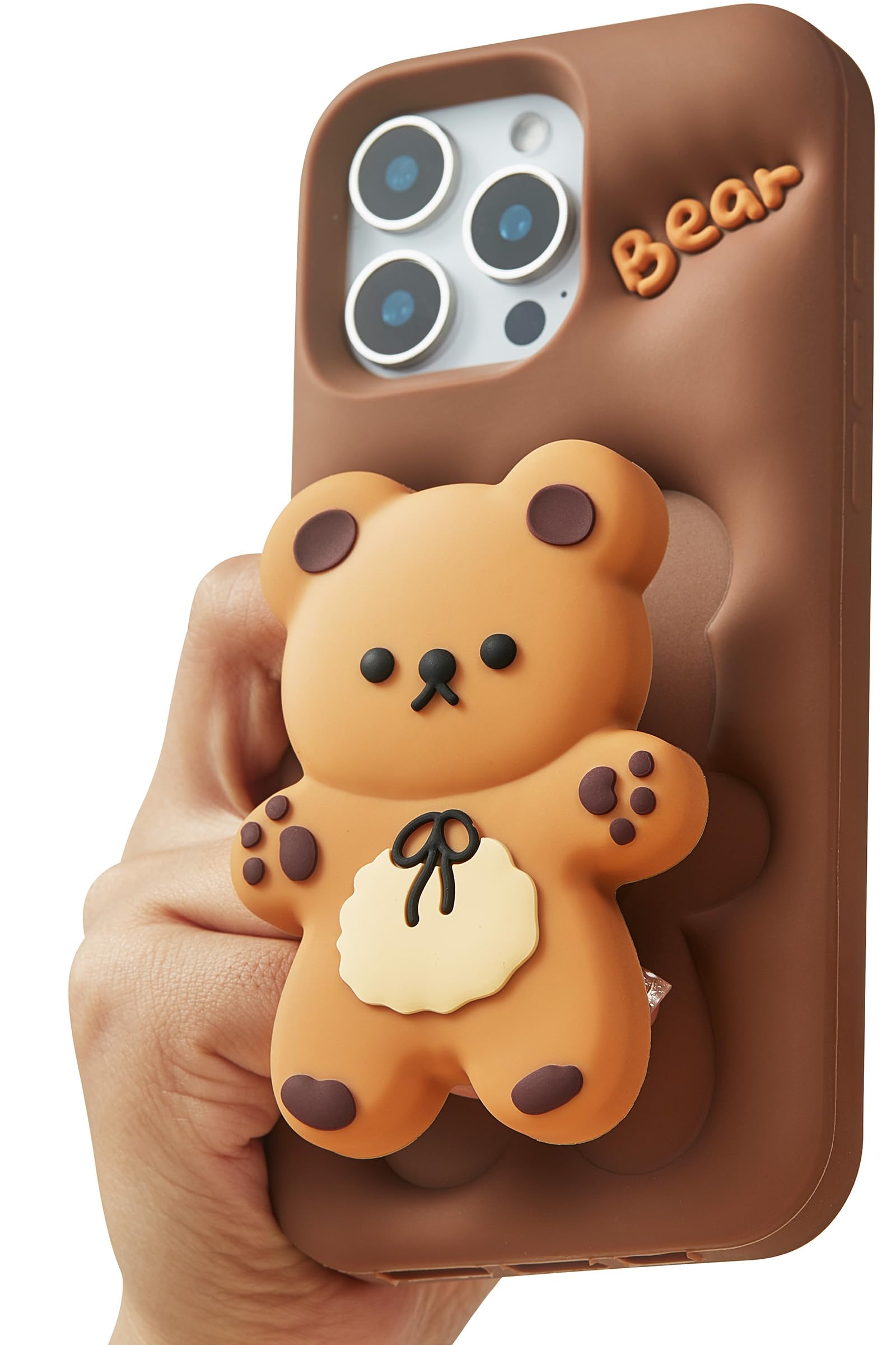 TUFTA Kawaii 3D Bear Pop-Up Stand and Grip Phone Case for iPhone 13, Cute Cartoon Animal Phone Cover for Girls, Boys, Kids, Teens, and Women, Tan