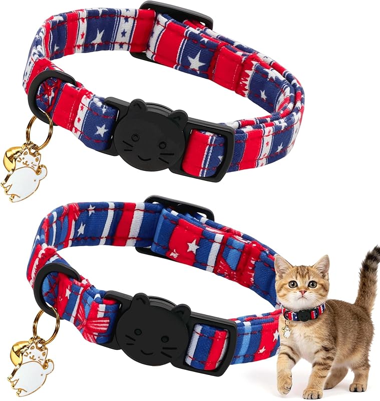 Coleira para Gatos Lionheart glory com Bandeira Americana, Fecho Breakaway, Guizo e Pingente, Azul, Pacote com 2