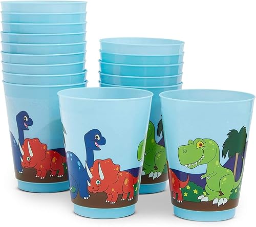 BLUE PANDA Paquete de 16 tazas de dinosaurio de plástico para niños, recuerdos de fiesta de dinosaurios de dibujos animados para suministros de